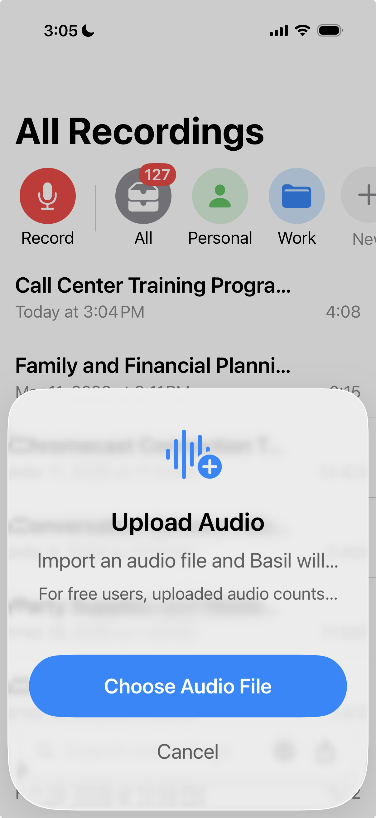 Basil AI upload audio modal for importing a file to generate a transcript and summary