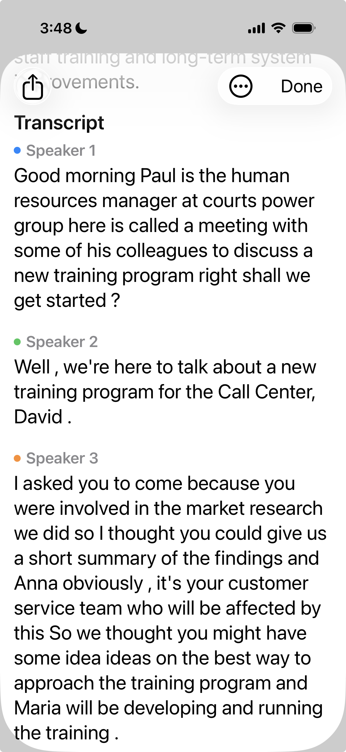 Basil AI transcript view with speaker diarization