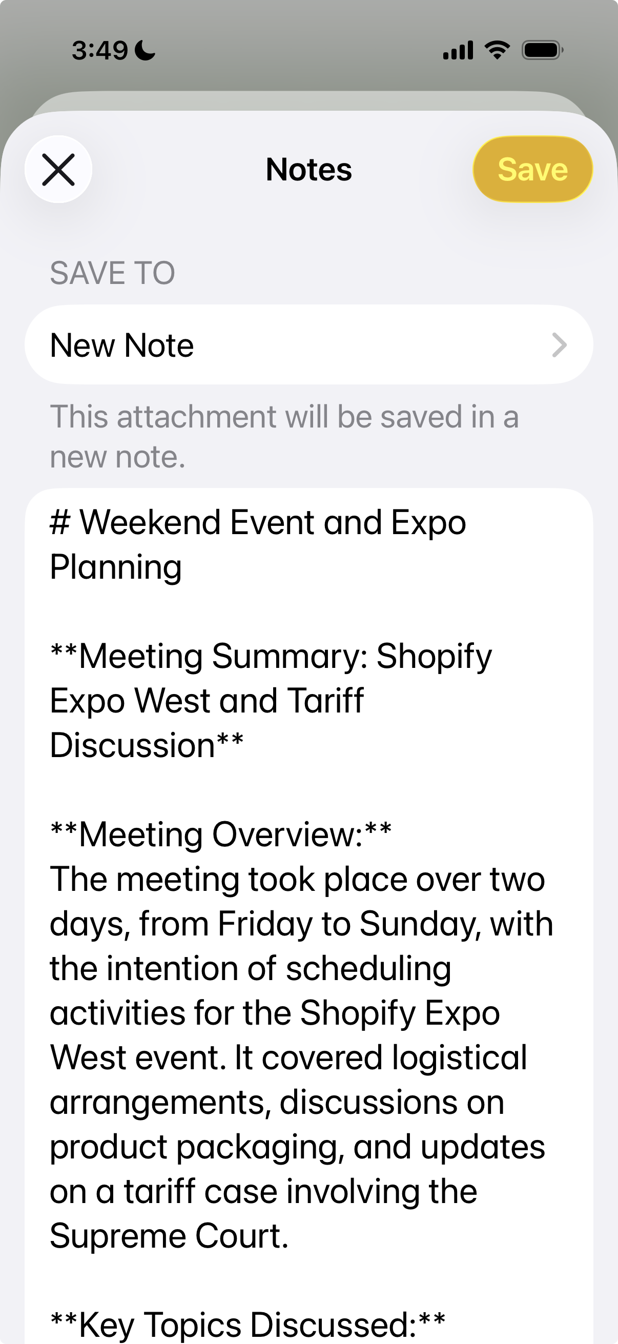Basil AI export to Notes screen